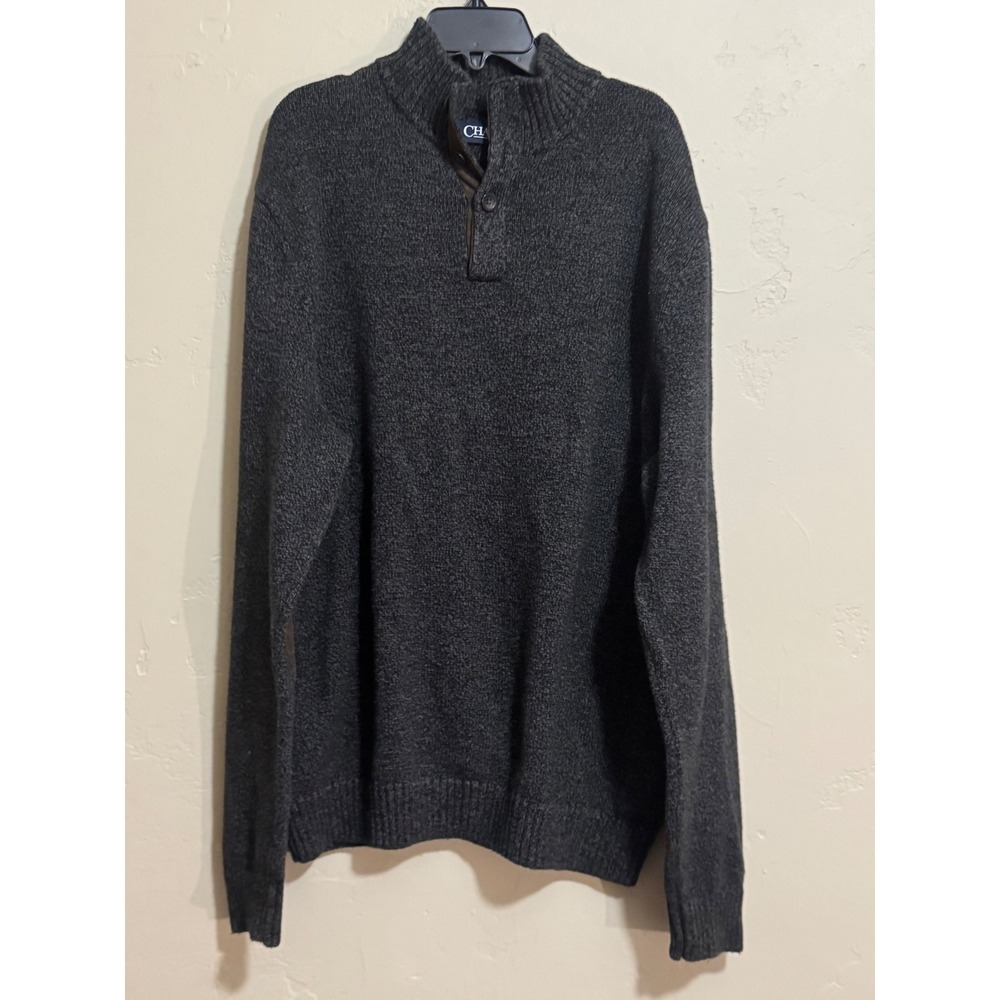 CHAPS Mens Sweater XL Gray 1/4 Button Mock Neck Elbow Patch Cotton
